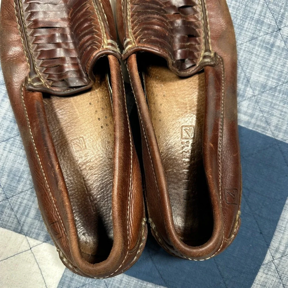 Sperry Top-Sider Mens 10M Brown Leather Woven Vamp‎ Loafers Slip On Shoes